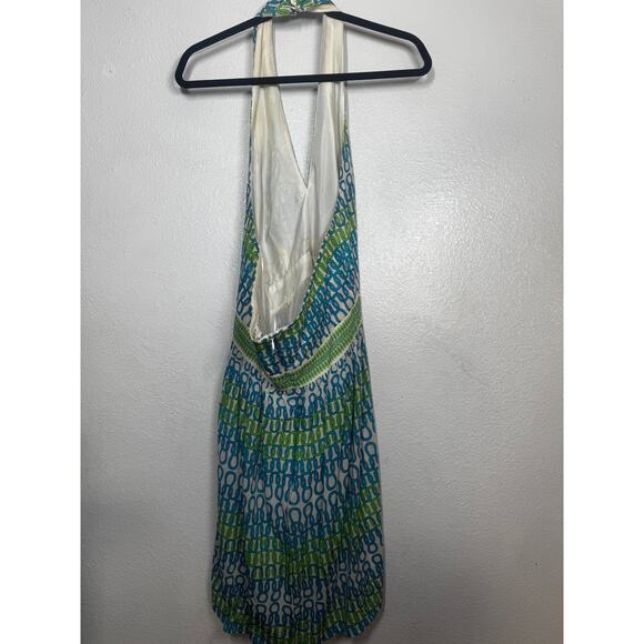 Vintage Trina Turk Silk Mini Dress White Blue Green Halter-Neck Backless Sz 10 - Picture 4 of 4